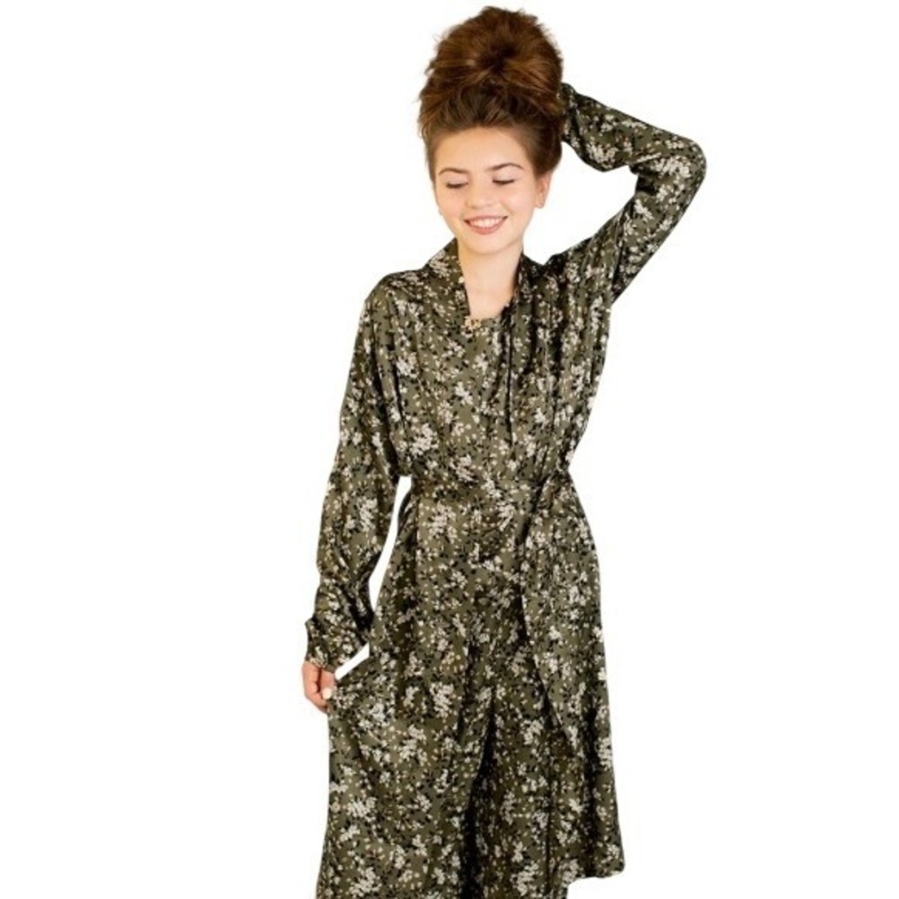 Mia Joy Joyfolie Poma Duster Olive Floral Green Long Sleeve Wrap Robe Size 2 NWT
